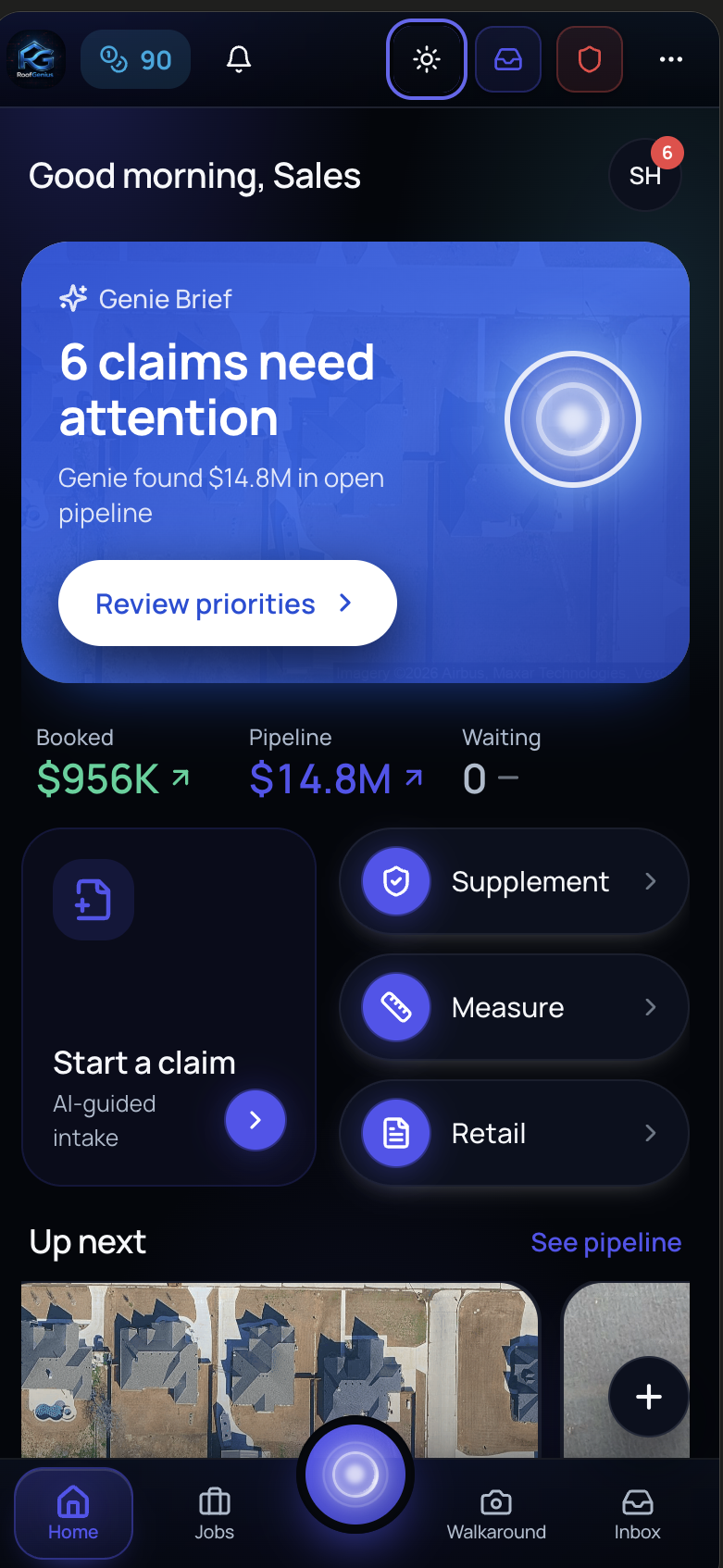 RoofGenius mobile app home screen