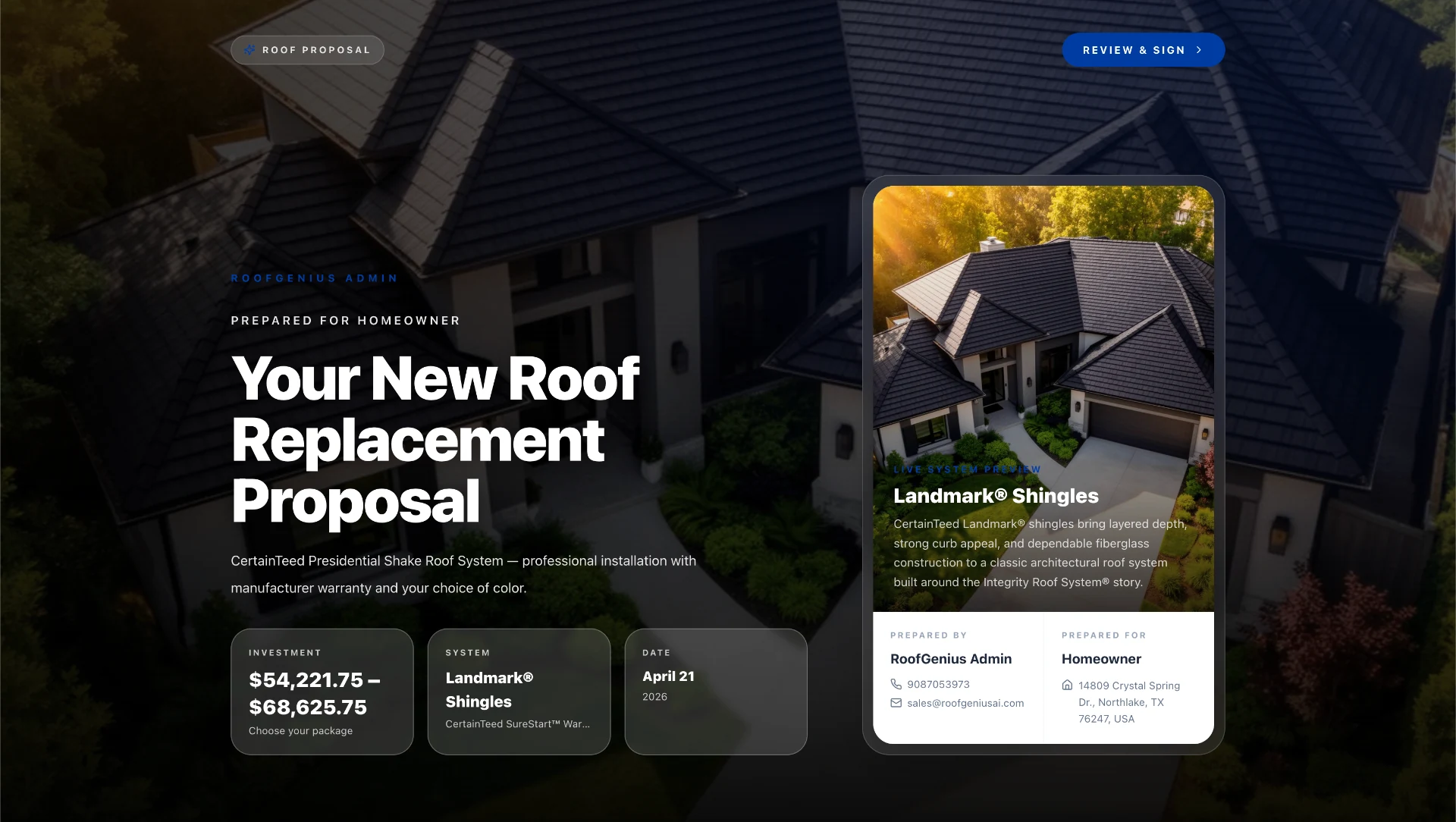 Live RoofGenius proposal with Good / Better / Best tiers on a tablet